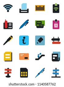 Color and black flat icon set - escalator vector, signpost, pen, document, barcode, radio phone, mail, sim, notes, wireless, news, identity card, paper tray, information, pass, guidepost