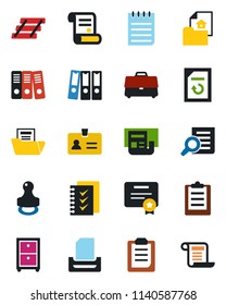 Color and black flat icon set - identity vector, document search, notepad, reload, contract, clipboard, case, news, folder, checklist, paper binder, tray, archive box, stamp, estate, certificate