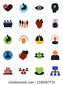 Color and black flat icon set - team vector, brainstorm, meeting, heart, stomach, lungs, real, eye, hospital, virus, user, group, shining head, hierarchy