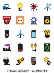 Color and black flat icon set - fork loader vector, bulb, factory, remote control, speaker, battery, low, rca, socket, power plug, sun panel, windmill, alarm led, gear