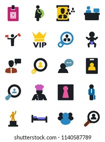 Color and black flat icon set - dispatcher vector, female, vip, baby, bed, speaking man, pedestal, manager place, pregnancy, speaker, group, identity card, hr, client search, cook, consumer