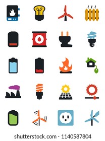 Color and black flat icon set - factory vector, fire, oil barrel, battery, low, brightness, sun panel, windmill, heater, home control, socket, power plug, water, bulb, energy saving