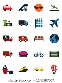 Color and black flat icon set - plane vector, arrival, airport bus, waiting area, ladder car, seat map, building, ambulance, bike, earth, sea shipping, delivery, port, container, moving, air balloon