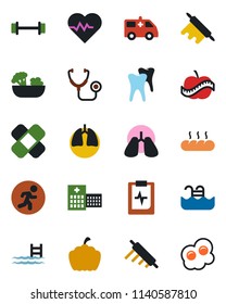 Color and black flat icon set - pumpkin vector, heart pulse, stethoscope, patch, ambulance car, barbell, run, lungs, tooth, clipboard, diet, hospital, pool, salad, bread, rolling pin, omelette