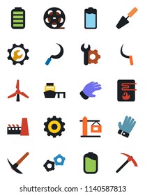 Color and black flat icon set - gear vector, trowel, glove, sickle, sea port, reel, battery, root setup, windmill, crane, factory, water heater, hard work