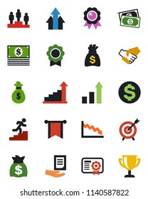 Color and black flat icon set - growth statistic vector, dollar sign, pedestal, medal, money bag, document, cash, sertificate, career ladder, target, arrow up graph, handshake, pennon, crisis