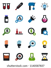 Color and black flat icon set - bulb vector, blood test vial, thermometer, ampoule, search cargo, torch, document, water supply, estate, alcohol, drink, energy saving, consumer, money, idea, flask