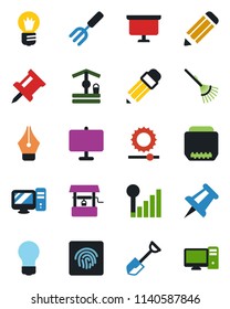 Color and black flat icon set - presentation board vector, drawing pin, bulb, pencil, garden fork, shovel, rake, well, hdmi, brightness, fingerprint id, cellular signal, ink pen, pc