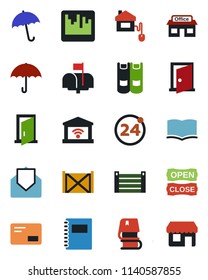 Color and black flat icon set - 24 around vector, umbrella, book, store, container, mail, scanner, copybook, mailbox, open close, home control, garage gate, door, storefront