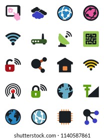 Color and black flat icon set - clouds vector, earth, satellite antenna, network, share, wireless, cellular signal, smart home, chip, lock, router, control app, social media
