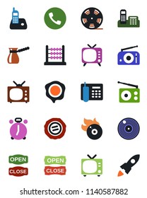 Color and black flat icon set - alarm clock vector, phone, tv, stamp, reel, vinyl, flame disk, radio, abacus, office, open close, turkish coffee, rocket