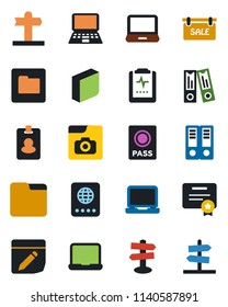 Color and black flat icon set - passport vector, office binder, notebook pc, pulse clipboard, signpost, laptop, folder, notes, photo gallery, blank box, sale, pass card, certificate, guidepost