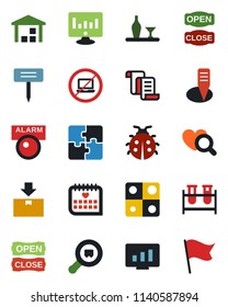 Color and black flat icon set - no laptop vector, contract, statistic monitor, lady bug, plant label, blood test vial, heart diagnostic, medical calendar, warehouse, package, search cargo, alcohol