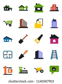 Color and black flat icon set - airport building vector, office, trowel, shovel, ladder, wheelbarrow, saw, house, hospital, with garage, tree, plan, estate document, city, crane, home message