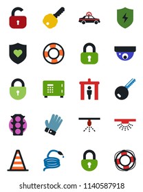 Color and black flat icon set - security gate vector, alarm car, border cone, safe, lock, glove, hose, heart shield, traffic light, protect, key, surveillance, sprinkler, crisis management