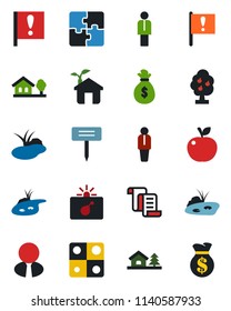 Color and black flat icon set - bomb in case vector, manager, contract, plant label, pond, important flag, application, house with tree, fruit, estate agent, apple, eco, money bag