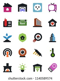 Color and black flat icon set - office building vector, house, tv, radio phone, garage, rent, estate search, sweet home, fireplace, insurance, rolling pin, socket, irrigation, wireless, web camera