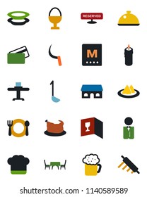 Color and black flat icon set - sickle vector, waiter, dish, restaurant table, serviette, cafe, cook hat, wine card, menu, reserved, beer, plates, egg stand, building, candle, credit, chicken, ladle