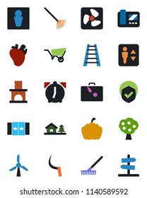 Color and black flat icon set - suitcase vector, automatic door, elevator, male, rake, ladder, wheelbarrow, sickle, pumpkin, fireplace, real heart, shield, alarm, house with tree, fruit, fan