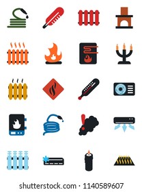 Color and black flat icon set - fire vector, hose, fireplace, thermometer, heater, air conditioner, candle, water, smoke detector, radiator, warm floor
