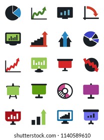 Color and black flat icon set - growth statistic vector, presentation board, crisis graph, monitor, circle chart, statistics, pie, arrow up