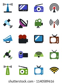 Color and black flat icon set - antenna vector, satellite, radio, loudspeaker, tv, video camera, wireless