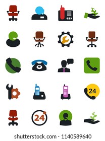 Color and black flat icon set - 24 around vector, office chair, phone, hours, support, speaker, radio, call, root setup, palm sproute
