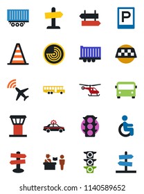 Color and black flat icon set - airport tower vector, plane radar, taxi, bus, parking, passport control, signpost, alarm car, border cone, helicopter, disabled, traffic light, truck trailer