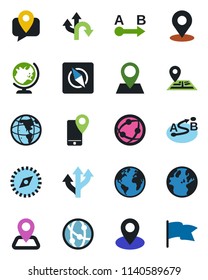 Color and black flat icon set - globe vector, route, navigation, earth, pin, mobile tracking, network, place tag, compass, flag