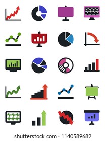 Color and black flat icon set - growth statistic vector, presentation board, crisis graph, circle chart, monitor pulse, statistics, bar, pie, point