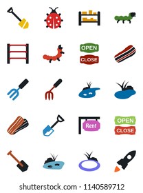 Color and black flat icon set - job vector, garden fork, shovel, lady bug, caterpillar, pond, rack, rent, bacon, open close, rocket