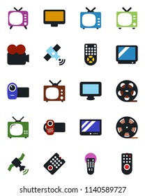 Color and black flat icon set - tv vector, reel, satellite, video camera, remote control, monitor