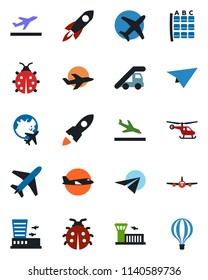 Color and black flat icon set - plane vector, departure, arrival, ladder car, helicopter, seat map, globe, airport building, lady bug, rocket, paper, air balloon