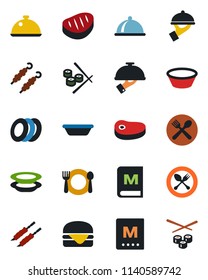 Color and black flat icon set - spoon and fork vector, dish, cafe, menu, plates, waiter, steak, kebab, hamburger, bowl, sushi