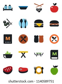 Color and black flat icon set - spoon and fork vector, picnic table, cafe, menu, salad, salt pepper, steak, hamburger, bowl, sushi, apple fruit