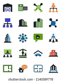 Color and black flat icon set - hierarchy vector, well, molecule, hospital, office building, garage, plan, home message