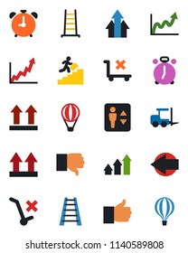 Color and black flat icon set - elevator vector, alarm clock, left arrow, fork loader, ladder, up side sign, no trolley, finger, down, career, graph, growth, air balloon