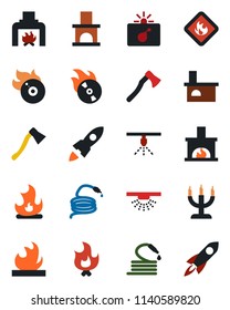 Color and black flat icon set - bomb in case vector, fire, hose, axe, fireplace, flammable, flame disk, candle, sprinkler, rocket