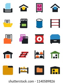 Color and black flat icon set - luggage storage vector, warehouse, oil barrel, rack, sd, folder, document, paper tray, archive box