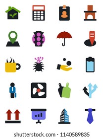 Color and black flat icon set - plant label vector, fireplace, virus, route, pin, traffic light, umbrella, up side sign, battery, office building, calculator, manager, coffee, cutting board, fan