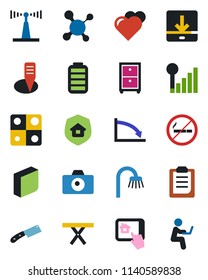 Color and black flat icon set - no smoking vector, camera, plant label, picnic table, heart, molecule, antenna, battery, download, cellular signal, application, clipboard, blank box, archive, knife