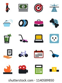 Color and black flat icon set - runway vector, case, document, lawn mower, bike, broken bone, cash, flammable, video, tie, notebook pc, phyto bar, plates, steaming pan, socket, target, calendar