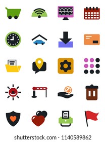Color and black flat icon set - barrier vector, calendar, printer, monitor pulse, heart shield, mobile tracking, clock, mail, menu, settings, download, document folder, garage, wireless, trash bin
