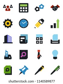 Color and black flat icon set - gear vector, office building, growth statistic, calculator, team, document search, pen, drawing pin, bulb, radio phone, clock, news, tie, paper tray, pencil