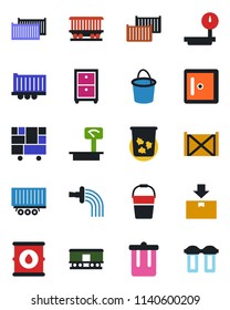 Color and black flat icon set - trash bin vector, checkroom, bucket, watering, railroad, truck trailer, cargo container, consolidated, package, oil barrel, heavy scales, archive box, water filter