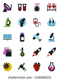 Color and black flat icon set - satellite antenna vector, book, blood test vial, dropper, microscope, ampoule, real heart, joint, virus, sd, thermometer, rocket, flask