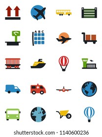 Color and black flat icon set - airport bus vector, plane, seat map, building, wheelbarrow, ambulance car, earth, railroad, sea shipping, delivery, container, cargo, up side sign, heavy scales