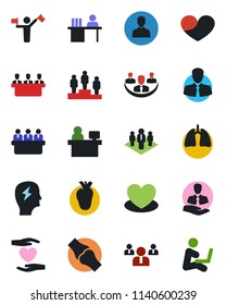 Color and black flat icon set - dispatcher vector, pedestal, team, brainstorm, meeting, manager place, heart, hand, lungs, real, joint, client, user, company, desk, man with notebook