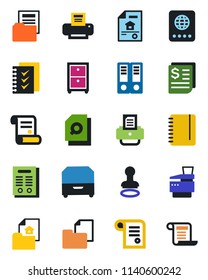 Color and black flat icon set - passport vector, stamp, office binder, notepad, printer, contract, receipt, folder document, search, checklist, archive box, copier, estate