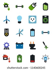 Color and black flat icon set - bulb vector, ripper, barbell, remote control, speaker, battery, low, rca, charge, home, socket, power plug, sun panel, windmill, idea